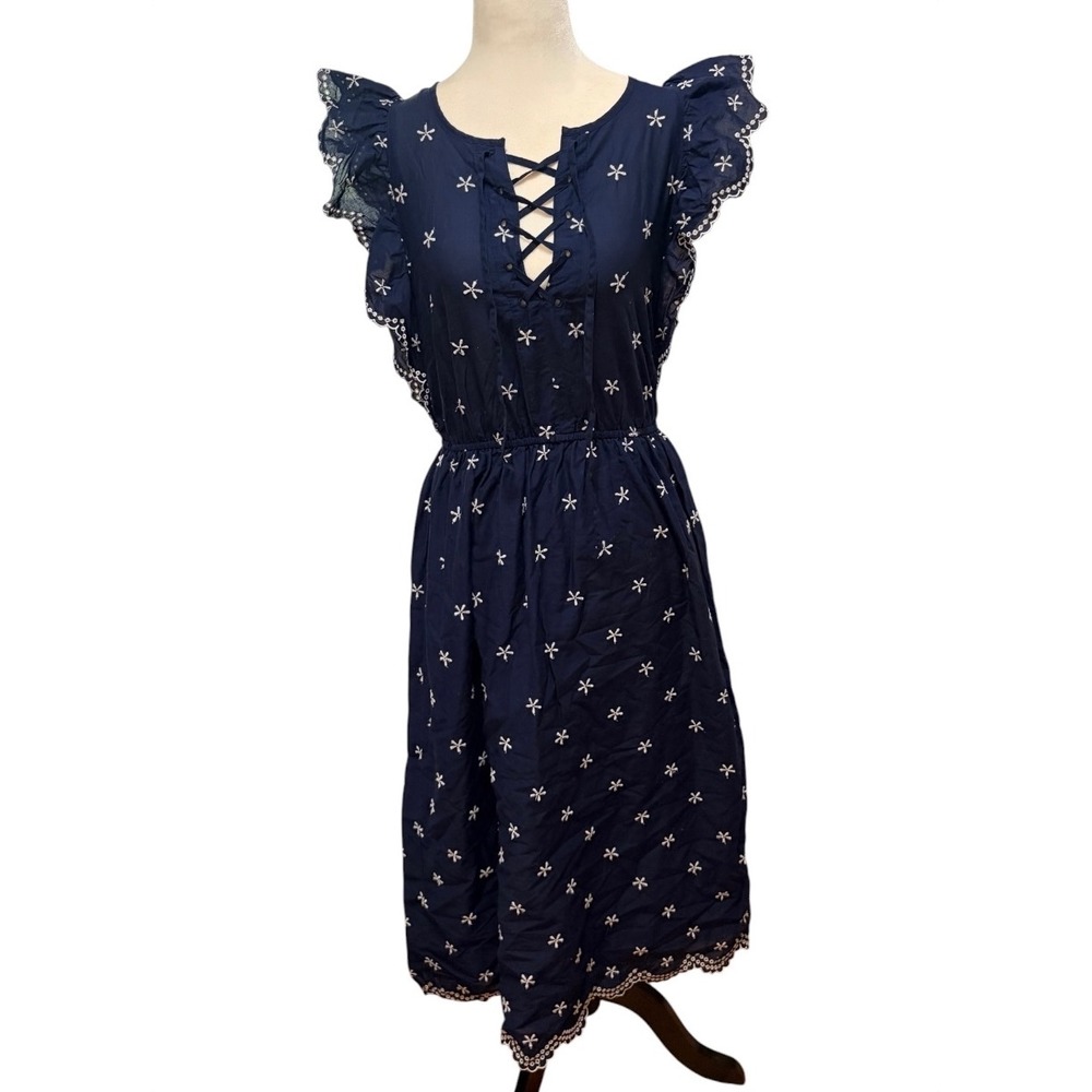 Gap Navy Blue Floral Embroidered Eyelet Midi Dress XS Cottagecore Boho Summer - Picture 2 of 11